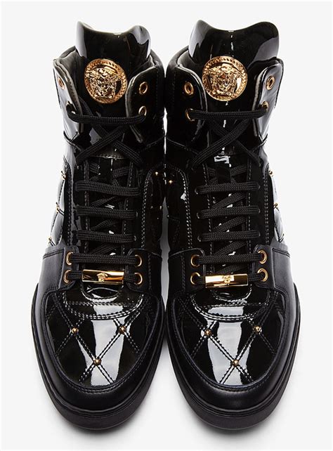 versace black patent leather quilted high top sneakers|farfetch Versace shoes.